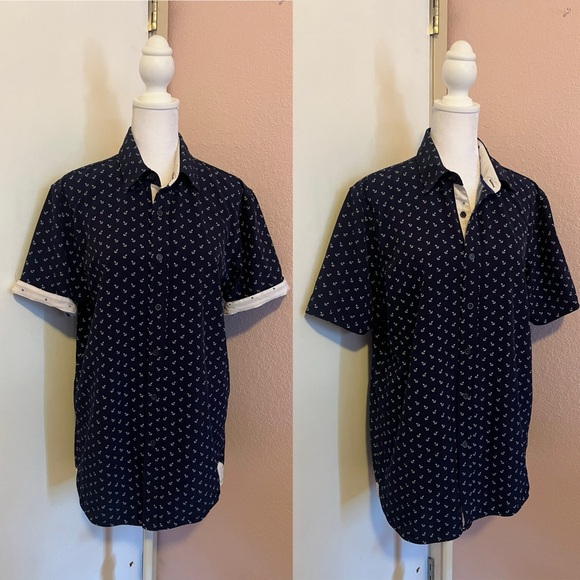 Blue and White Anchors Patterned Short Sleeve Button Up Shirt by Fried Denim - Picture 1 of 12